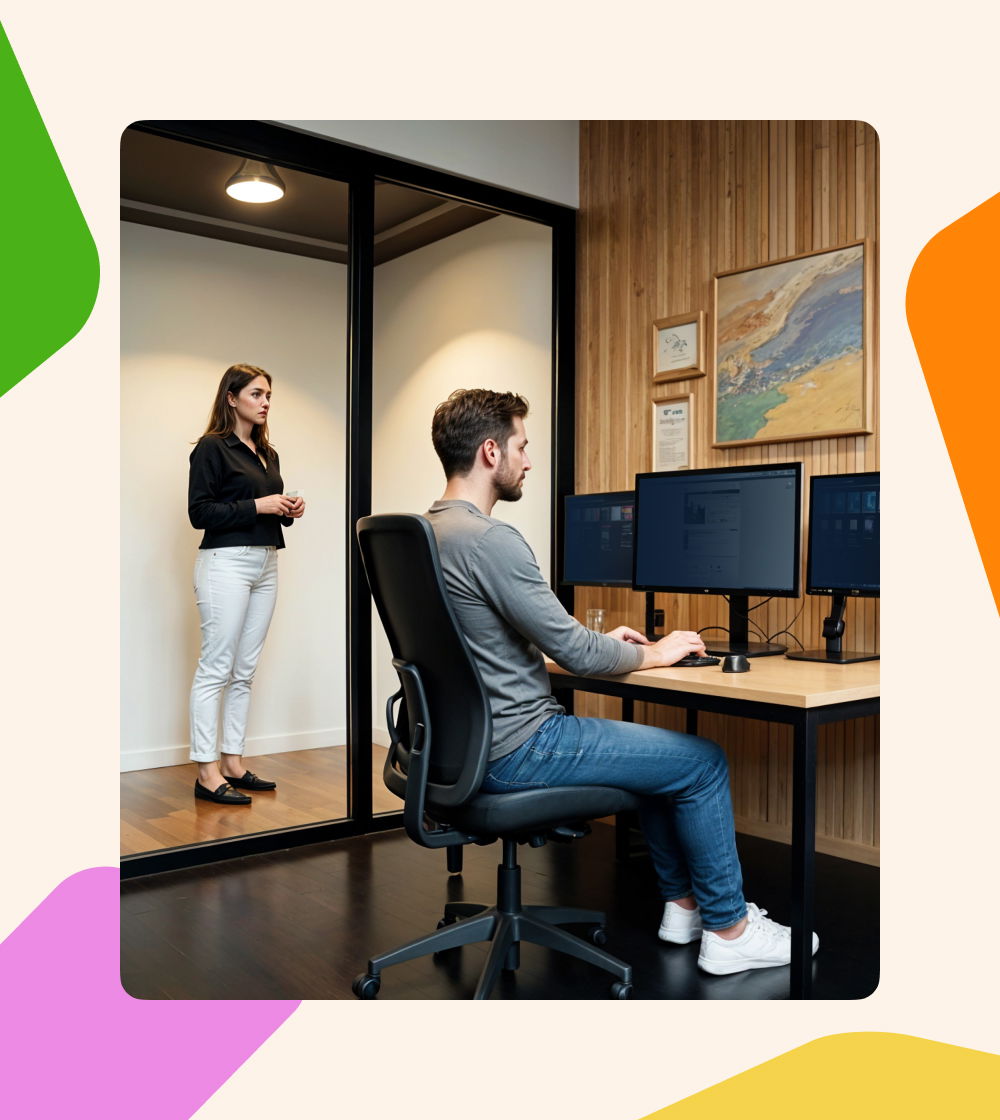 Employee working at a desk with dual monitors in a modern office