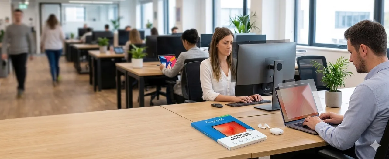 Open-plan office where employees work on screens fitted with privacy filters
