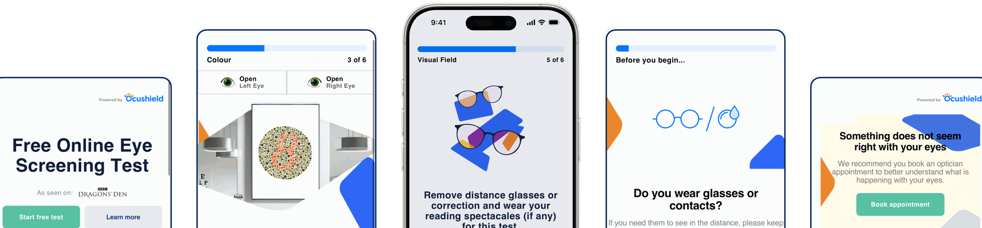 Screens from the Ocushield online vision check on phone and tablet
